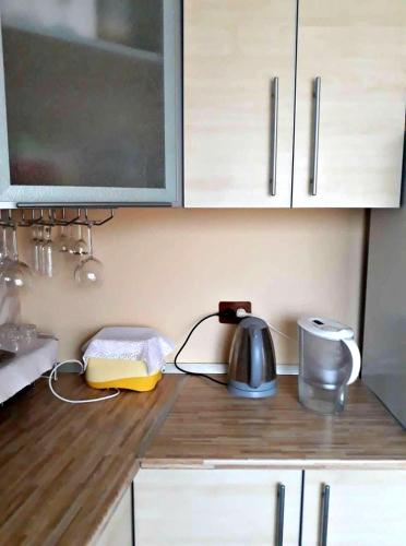a kitchen counter top with a microwave and a television at Apartment in the historical city center in Chernivtsi