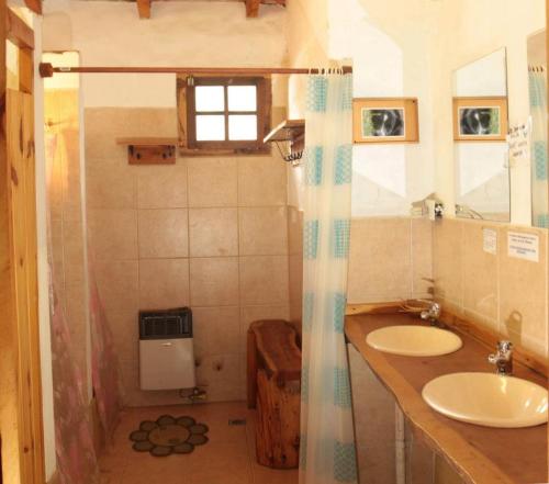 a bathroom with a sink and a toilet and a shower at Hostel Los Coihues in San Carlos de Bariloche