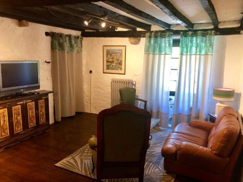 a living room with a couch and a television at Mas Graffouil in Prats-de-Mollo-la-Preste