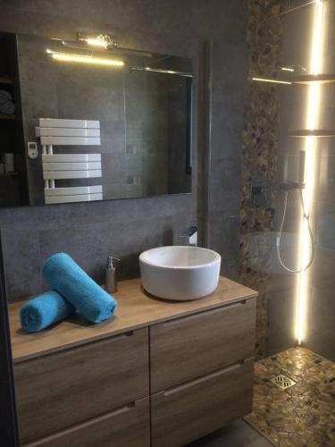 une salle de bain avec un lavabo et un miroir dans l'établissement Villa entre Mer et Montagne..., à Calenzana