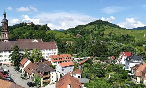 an aerial view of a town with a clock tower at Villa Beckmann in Gengenbach