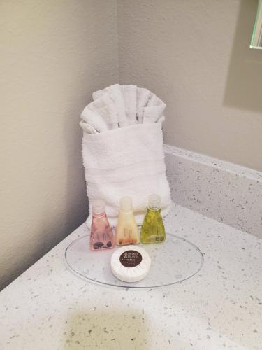 a bathroom counter with two bottles of soap and a towel at Palace Inn Blue Tomball Parkway in Houston