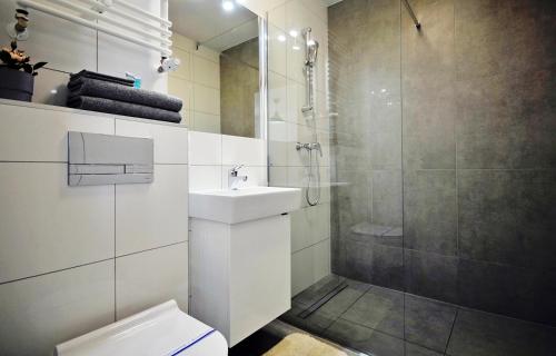 a bathroom with a shower and a toilet and a sink at Zatoka Wypoczynku Grzybowo - Apartamenty dwupoziomowe in Grzybowo