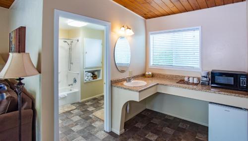 ein Badezimmer mit einem Waschbecken, einer Dusche und einer Mikrowelle in der Unterkunft Redwood Suites in Ferndale