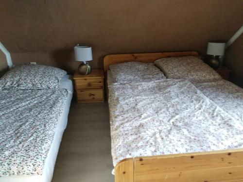 Duas camas sentadas uma ao lado da outra num quarto em Haus Speck 5 em Kargow