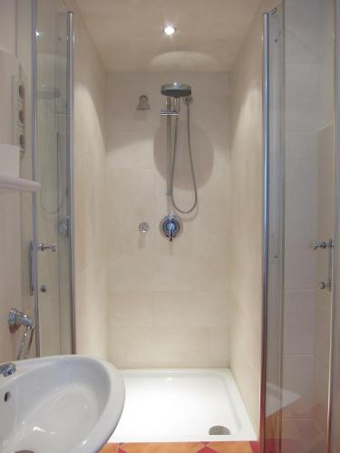 a bathroom with a shower and a sink at De Schwitzbamb in Thiessow