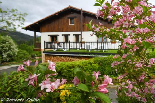 a house with pink flowers in front of it at Artesoro Baserria in San Pedro de Galdames