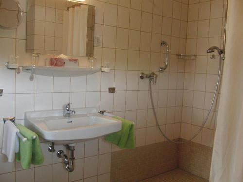 a bathroom with a sink and a shower at Gästehaus Spieker in Horn-Bad Meinberg
