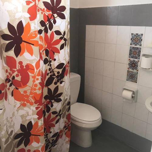 a bathroom with a toilet and a flower shower curtain at Kostas Studios in Faliraki