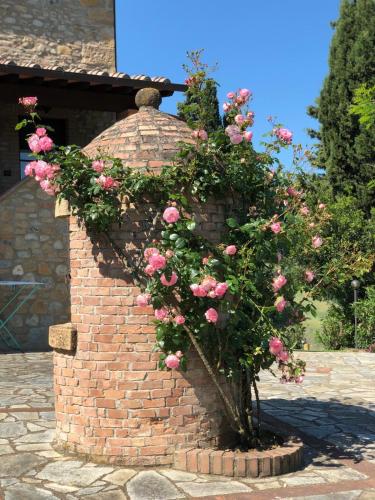 a brick wall with a bush of pink roses at Agriturismo Casale Giulia in Volterra