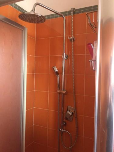a bathroom with a shower with orange tile at Appartamento di Paolo Unicusano in Rome