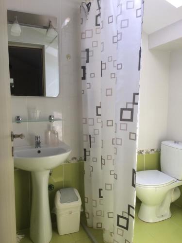 a bathroom with a sink and a toilet and a mirror at Vila Patricia in Eforie Nord