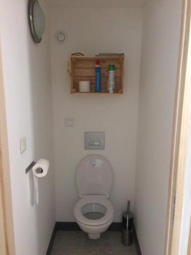 Elle comprend une petite salle de bains pourvue de toilettes et d'une étagère en bois. dans l'établissement Baiona, à Bayonne