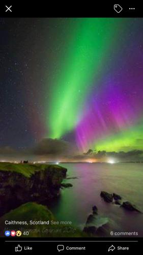 an image of the northern lights over the water at Sinclair Bay Apartments in Keiss
