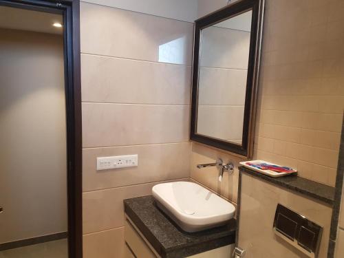 a bathroom with a sink and a mirror at Hotel Kasauli Regency Stags Not Allowed in Kasauli