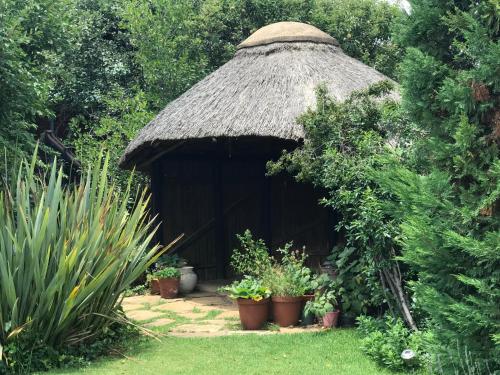 a small hut with a grass roof with plants at Rosewood Corner, Clarens in Clarens
