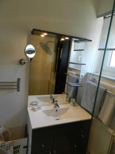 a bathroom with a sink and a shower and a mirror at L'HORIZON Vue mer et falaises in Fécamp