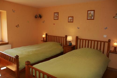 two beds in a bedroom with green sheets at Gîte Schlitteur Et Sapiniere in Breitenbach