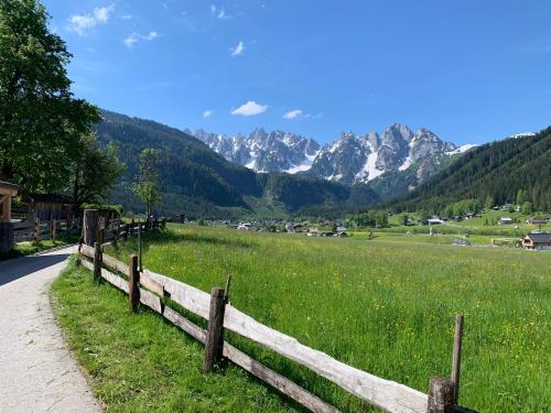 a fence in a field with mountains in the background at Dachstein Mountainview Gosau in Gosau
