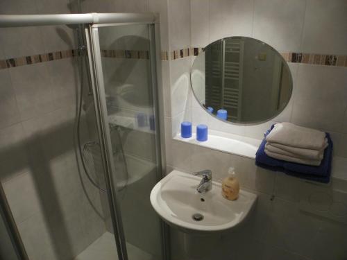 a bathroom with a shower and a sink and a mirror at Gemütlich privat allergiearm in Timmendorfer Strand