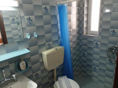 a bathroom with a toilet and a sink and a window at Drosia Hotel in Georgioupolis