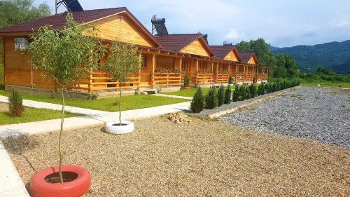 a log cabin with trees in front of it at La Podul Gornii in Gornea