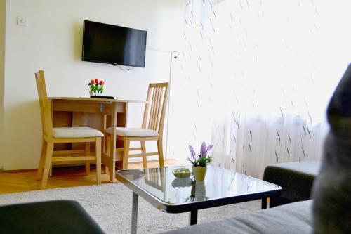 a living room with a coffee table and a tv at Riverside apartment #1. View over Fortress Kastel in Banja Luka