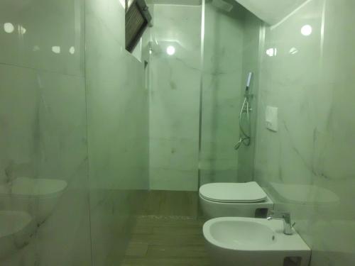 a white bathroom with a toilet and a shower at Red Rose Guest House in Golem