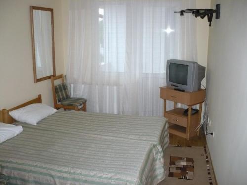 ein Schlafzimmer mit einem Bett und einem TV auf einem Tisch in der Unterkunft Hotel Regal in Brăila