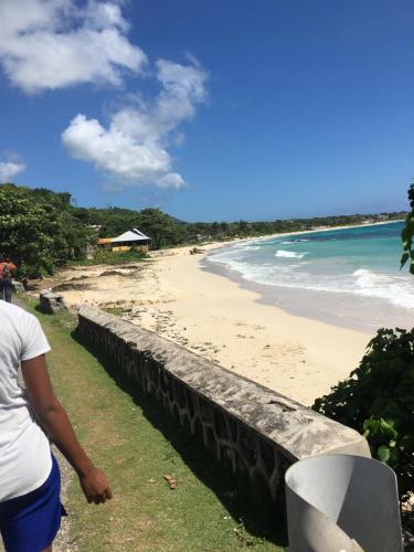 a woman standing on a wall looking at a beach at Becaville in Port Antonio