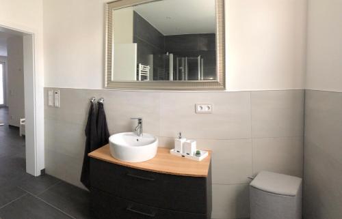 a bathroom with a sink and a mirror at Ferienwohnung Calla in Erfurt