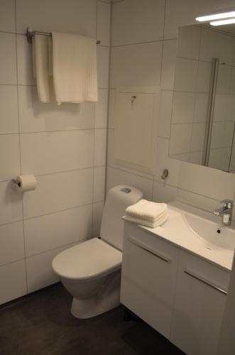 ein weißes Bad mit einem WC und einem Waschbecken in der Unterkunft Einemo Apartments in Lærdalsøyri