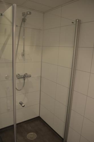 ein Bad mit einer Dusche und einer Glastür in der Unterkunft Einemo Apartments in Lærdalsøyri