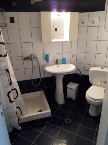 a bathroom with a sink and a toilet and a shower at Iraklitsa bay apartment in Iraklitsa