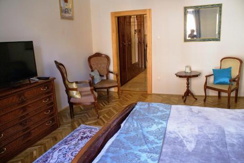 a living room with a tv and a bed and chairs at Parva Villa in Miskolc
