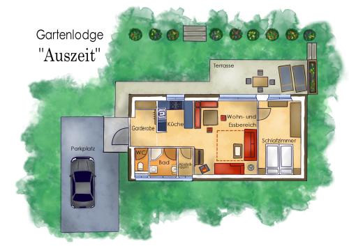 a floor plan of a villa with a car at Gartenlodge Auszeit in Nötsch