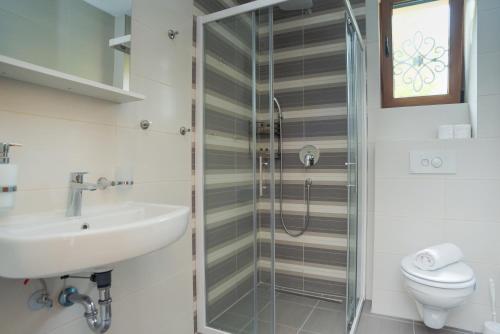 a bathroom with a shower and a sink and a toilet at Chikma Apartments in Sarajevo