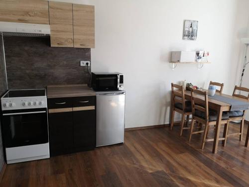 a kitchen with a stove and a table with chairs at Krásný byt v centru Děčína in Děčín
