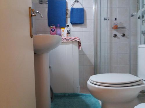 ein Bad mit einem WC, einem Waschbecken und einer Dusche in der Unterkunft Cozy Apartment Near Historic Centre in Korfu-Stadt