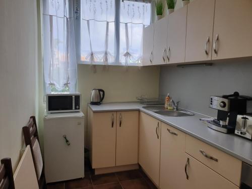 a small kitchen with a sink and a microwave at Apartment Dima in Varna City