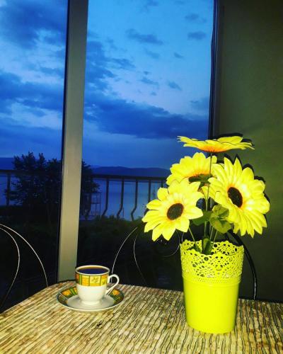 a yellow vase with yellow flowers and a cup of coffee at Apartments Kalistos in Star Dojran