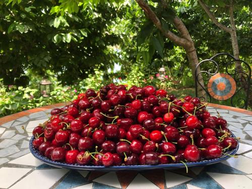 a large pile of cherries on a plate on a table at Zimer Al-Bayt in Mas'ade