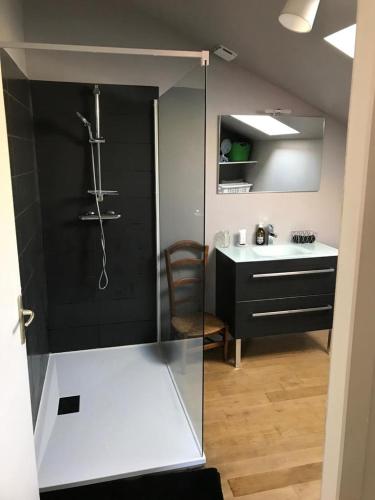 La salle de bains est pourvue d'une douche et d'un bureau avec une chaise. dans l'établissement Les écuries du château des Rieux, à Saint-Martin-Terressus