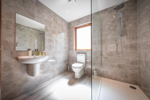 a bathroom with a toilet and a sink and a shower at Taste of the Sea in Staffin