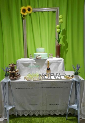 a table with a cake on it in front of a green wall at Casas do Ardila in Santo Amador