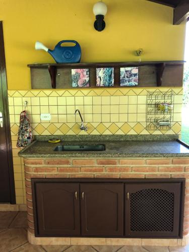 Il comprend une cuisine avec un évier et un mur carrelé jaune. dans l'établissement Chácara Verzani, à Socorro