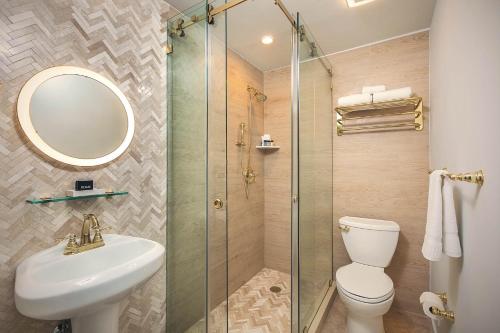 a bathroom with a toilet, sink, and shower stall at Cardozo Hotel in Miami Beach