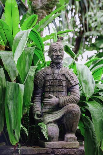 a statue of a man sitting next to some plants at The Postcard Galle in Galle