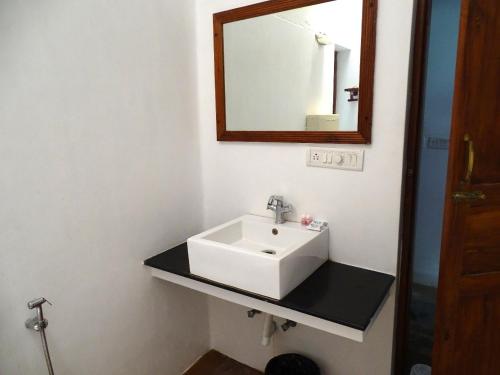 uma casa de banho com um lavatório branco e um espelho. em Nalla Eco Beach Resort em Pondicherry