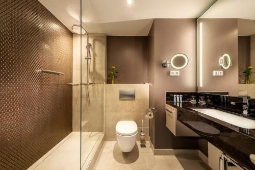 a bathroom with a shower and a toilet and a sink at Dorint Hotel Bremen in Bremen